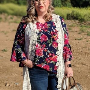 Cato Floral Navy Bell Sleeve Blouse